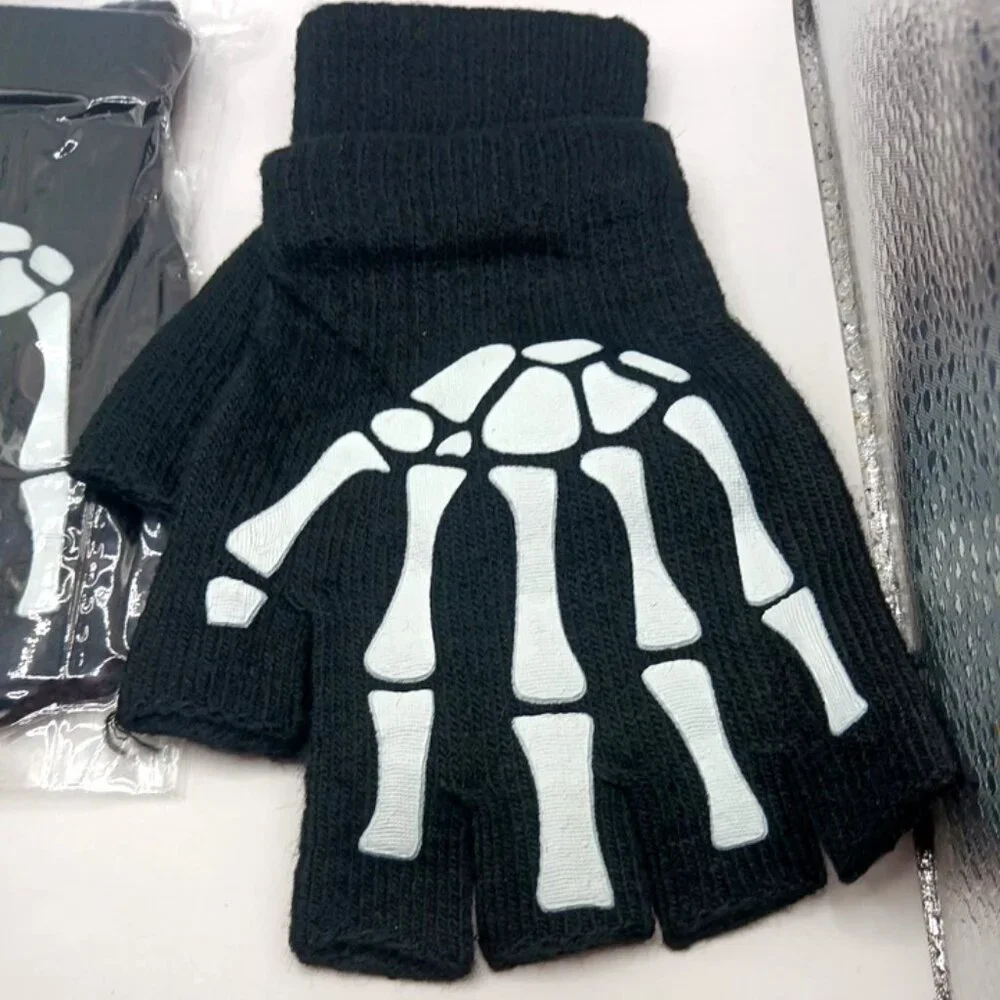Lot Of 2 Fingerless Gloves Faux Leather Studded + Skelton Print-Black-Unisex